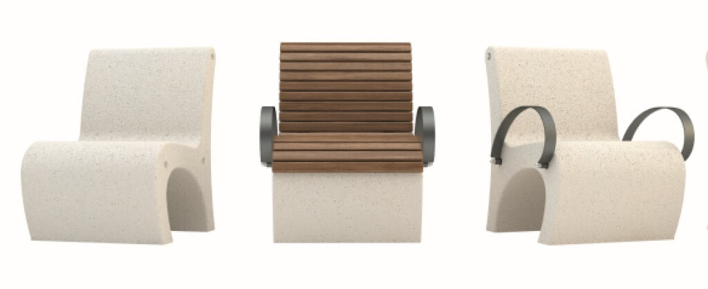 white granite stone terrazzo armchair seating with timber slats outdoor 