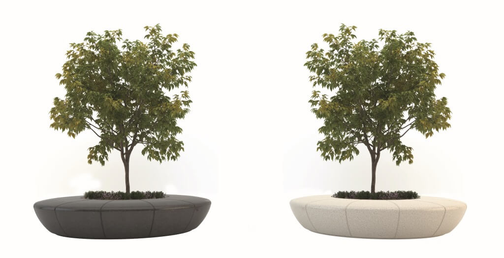 round planter flowerbed with bench seating outdoor tree stone terrazzo