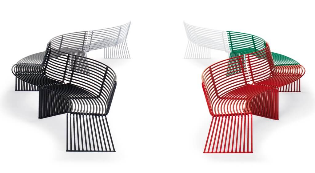 outdoor street furniture park furniture bench metal concave red black white green