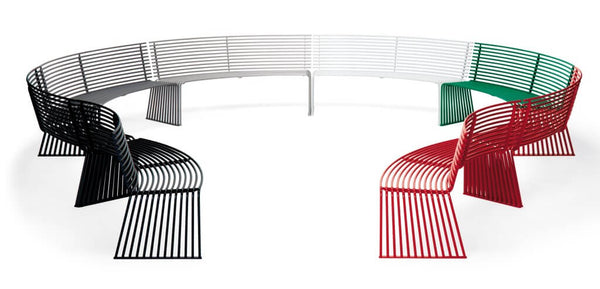outdoor urban street furniture metal bench seating curved module red green black silver white