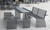 indoor outdoor silver metal  graphite dining table and bench seating 
